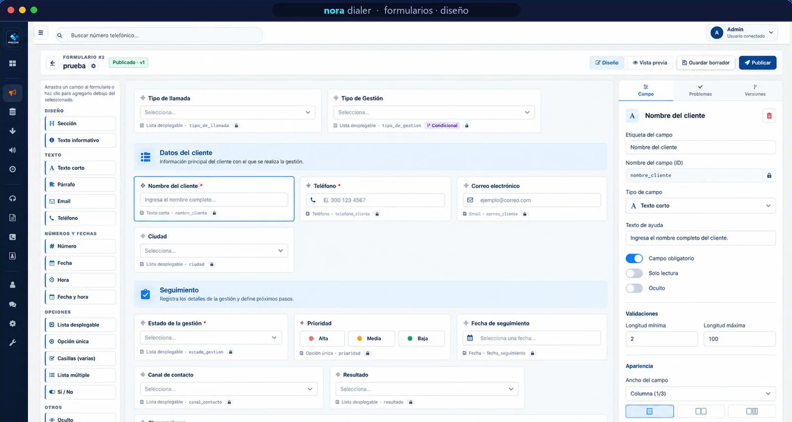 Diseñador de formularios con arrastrar y soltar, validaciones y versiones